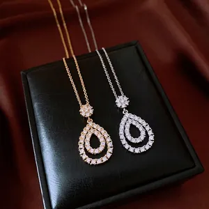 Vintage Zirconia Water Drop Pendant Necklace Copper Light Luxury Fashion Clavicle Chain Jewelry For Women Party Gift