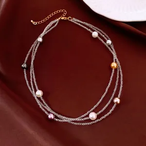 French Retro Multi-layer Beaded Necklace Colorful Artificial Pearl Glass Crystal Choker For Women Elegant Clavicle Chain Jewelry