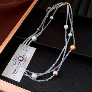 French vintage multi-layered beaded necklace with colorful pearls and clear crystal beads