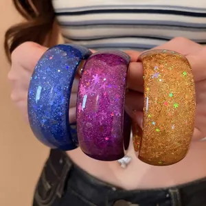 Chunky colorful resin bangles with iridescent glitter and star sequins for women