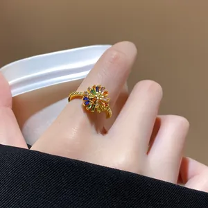 Luxurious Multicolor Zirconia Flower Open Ring For Women Copper Gold Plated Radial Floral Design Adjustable Finger Ring Jewelry