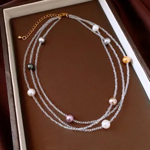 Vintage French multi-layered crystal and colorful pearl beaded choker with gold chain extender