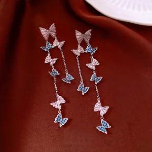 Sweet Delicate Butterfly Tassel Zirconia Earrings For Women Copper Silver Earring Post Pink Blue Drop Earrings Luxury Niche Jewelry