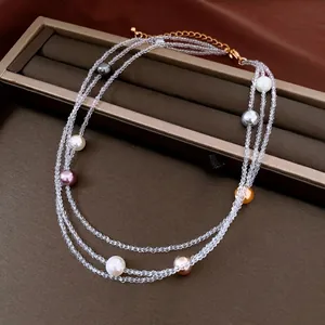 French vintage multi-layer crystal and multi-color pearl beaded necklace with gold clasp