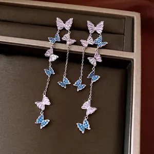 Exquisite butterfly tassel earrings with pink and blue zircons and silver needles