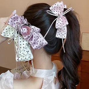 Pince à Cheveux Élégante Coréenne Nœud à Pois Satin Strass Pince Banane Grands Accessoires pour Cheveux en Ruban Fait à la Main pour Femmes Fête