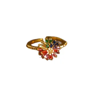 Exquisite colorful crystal flower open ring with gold-tone band for women's fashion