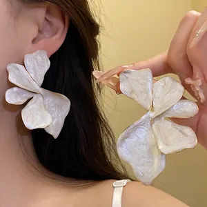French Vintage Flower Stud Earrings White Enamel Gold Trim Steel Post Large Floral Statement Earrings For Women Fashion Jewelry