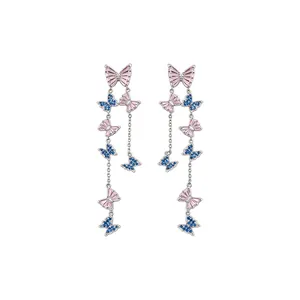 Elegant butterfly tassel drop earrings with sparkling pink and blue zircon butterfly charms.