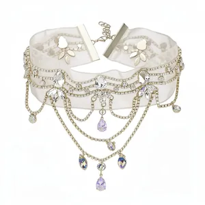 French style chiffon choker necklace with sparkling rhinestones and teardrop crystals