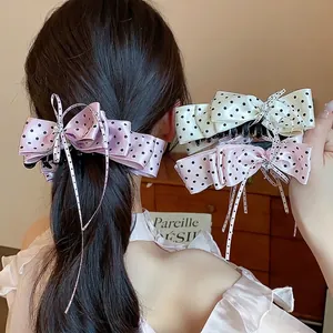 Barrettes à cheveux élégantes avec nœud à pois et strass en lavande et crème pour femme
