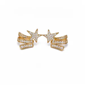 Elegant gold star ear clips with sparkling zircon stones in a triple-row spiral design