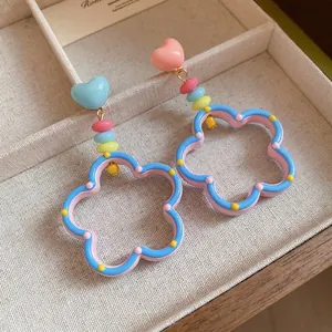 Sweet dopamine-style colorful hollow flower drop earrings with cute heart studs