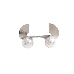Modern geometric fan-shaped silver stud earrings with large elegant white pearls