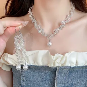 French Elegant Beaded Artificial Pearl Jewelry Set With 925 Sterling Silver Earring Post Light Luxury Necklace Earrings