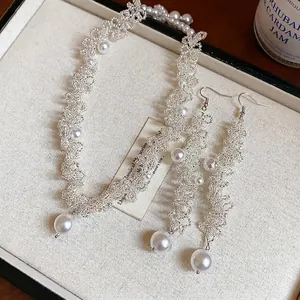 French style handmade beaded pearl necklace and long earrings jewelry set for women