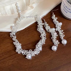 French design beaded pearl jewelry set with elegant necklace and matching earrings
