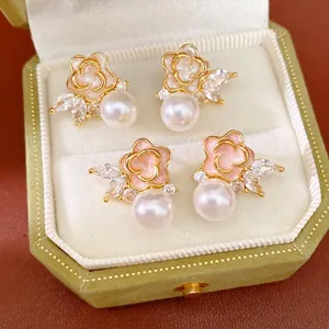 Pendientes de Botón de Perla con Flor de Camelia Elegantes con Poste de Plata 925 Circonia Incrustada Joyería para Mujer