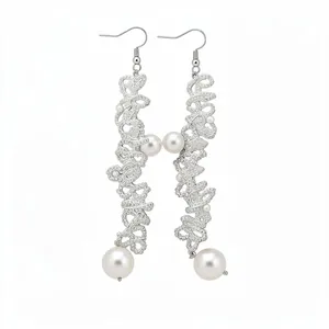 Elegant French design long dangle earrings with silver filigree and white pearls.