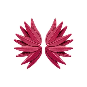 Statement dark red leaf textured stud earrings featuring a unique wing-inspired design