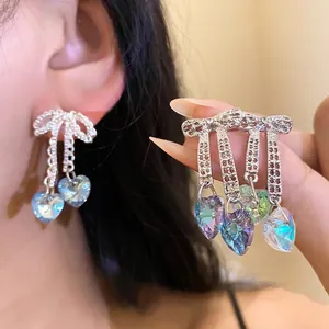 Alloy Phantom Heart Tassel Drop Earrings For Women Elegant Bowknot Rhinestone Jewelry With Silver Earring Post Party Accessory