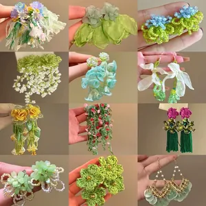 Handmade Chiffon Green Flower Tassel Drop Earrings For Women Silver Post Floral Rhinestone Artificial Pearl Lightweight Elegant Jewelry