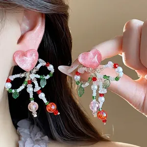 Sweet Pink Heart Bow Glass Beaded Tassel Ear Clips Women Non Pierced Earrings Fashion Jewelry Gift Daily Accessories