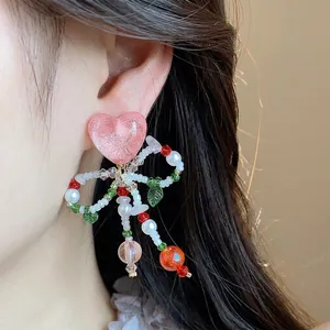 Exquisite sweet pink heart and glass beaded bow ear clips for women with non-pierced ears