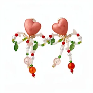 Sweet heart beaded bow ear clips for non-pierced ears with colorful glass beads