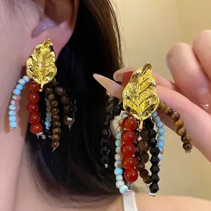 Ethnic Vintage Leaf Tassel Earrings For Women Gold Alloy Stone Wood Glass Beads Drop Earrings With Silver Earring Post Jewelry