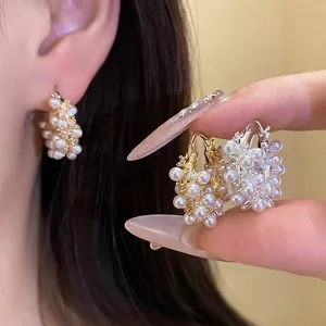 18K Gold Plated Copper Artificial Pearl Rhinestone Round Hoop Earrings Women Elegant Wedding Jewelry Silver Earring Post