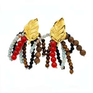 Ethnic style leaf stud earrings with multi-material beaded tassels and silver needles.