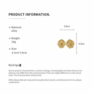 Detailed size and material specifications for gold-tone pleated leaf stud earrings.
