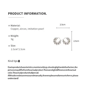 Macro view of zircon and pearl hoop earrings showing 2.5cm size and material details.