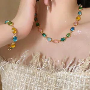 Parure De Bijoux Vintage En Résine Ovale Pour Femmes Alliage Plaqué Or Pierre Multicolore Collier Ajustable Bracelet Accessoire Rétro