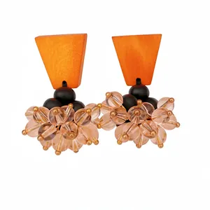 Ethnic retro stud earrings with orange wood blocks and coffee glass bead tassels