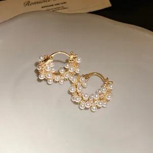 Elegant 18k gold plated hoop earrings with pearls and zircon for a luxury, trendy look.