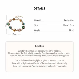 Spécifications détaillées du bracelet en résine vintage avec dimensions et matériaux.