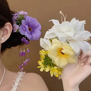 Elegant Fabric Flower Hair Clip With Artificial Pearl Tassel Sweet Floral Duckbill Clip Fairy Style Hair Accessories For Women