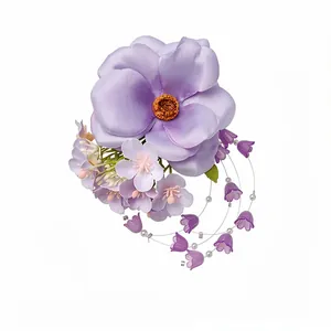 Elegant lavender fabric flower hair clip with delicate pearl and bellflower tassels.