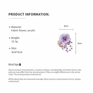 Detailed specs of the purple fabric flower hair clip with pearl tassels and dimensions