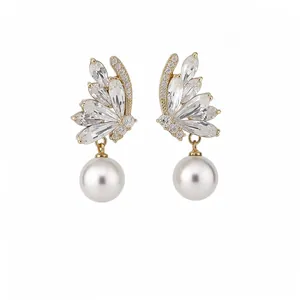 Elegant 18k gold plated butterfly pearl earrings with sparkling cubic zirconia