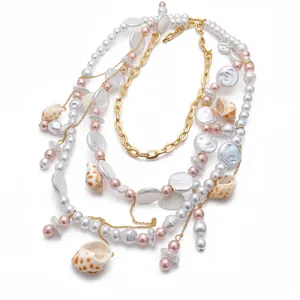 Elegante collana multistrato di perle e conchiglie con ciondolo a conca stile spiaggia
