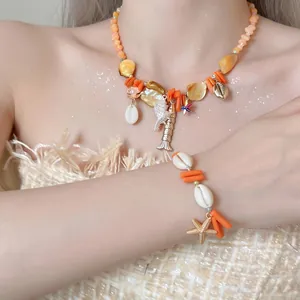 Urlaub Muschel Seestern Perlen Halskette Armband Set Legierung Glas Muschel Anhänger Strand Süßer Damen Schmuck Geschenk