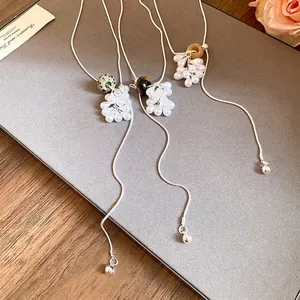 Minimalist Silver Plated Copper Y-Necklace With Water Drop Artificial Pearl And Natural Stone Adjustable Drawstring Sweater Chain For Women Jewelry