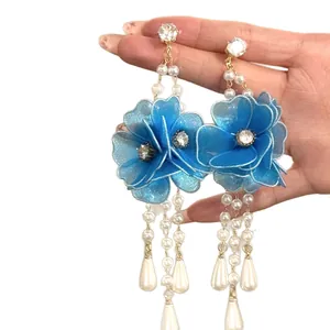 Sweet blue flower earrings with elegant pearl tassels and zircon accents