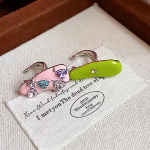 Korean heart zirconia ear cuffs in pink and green enamel for non-pierced ears accessories