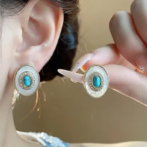 Vintage Oval Stud Earrings For Women With Silver Earring Post Gold Plated Copper Mother Of Pearl Zirconia Inlaid Luxurious Jewelry