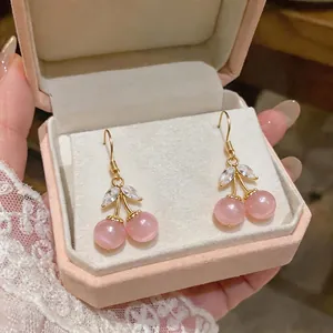 Sweet pink cat eye stone cherry drop earrings with zircon leaves in a luxury gift box