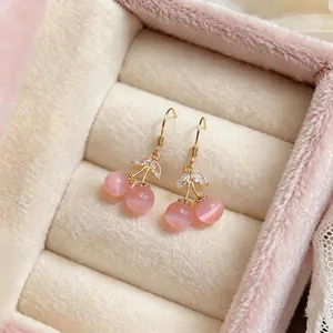 Sweet pink cherry drop earrings with cat's eye stones and sparkling zircon leaves